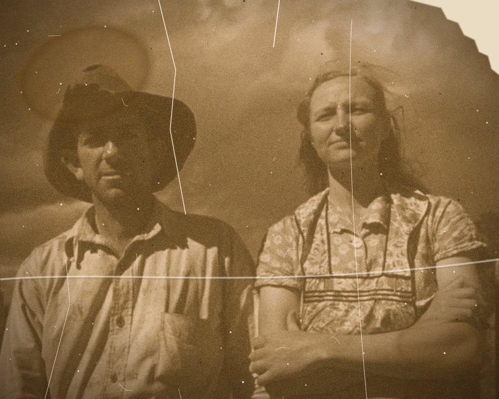 A faded, scratched 1940 photo of a couple